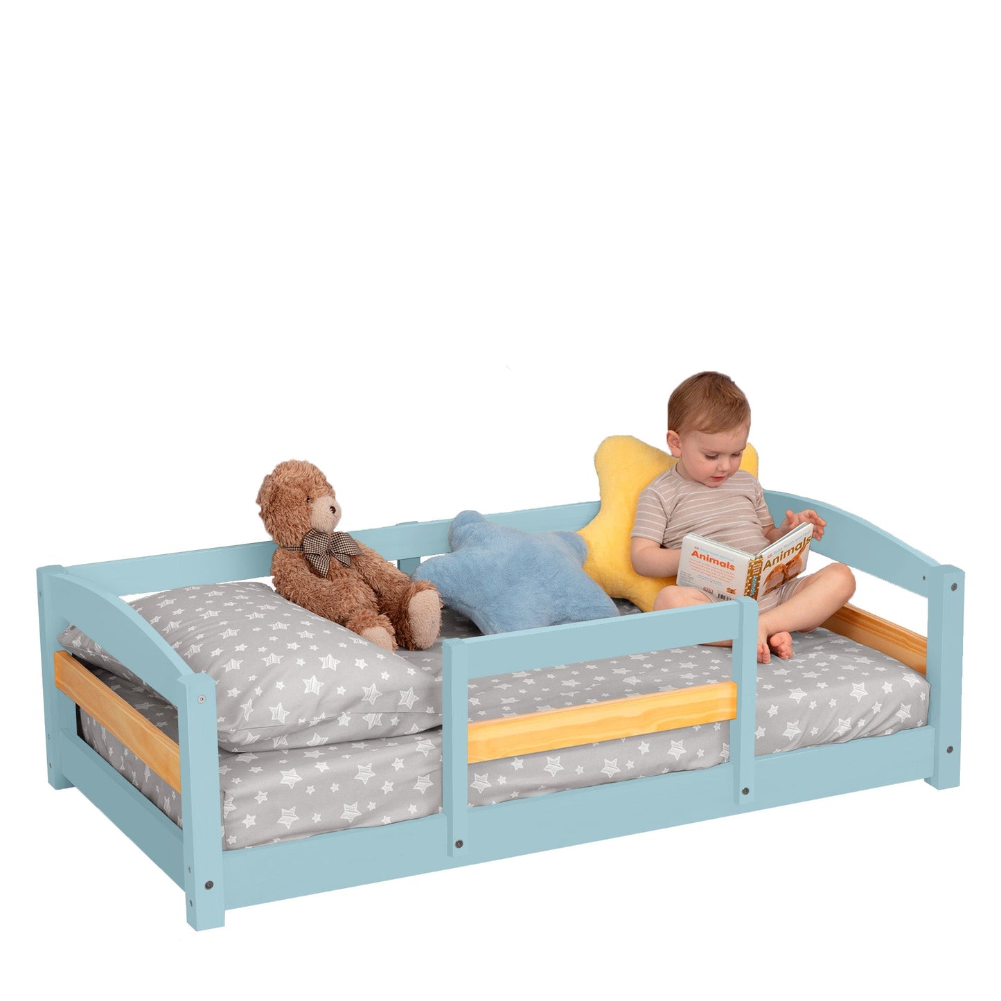 Crib Size Wooden Floor Bed Frame with Rails for Toddlers Age 1–3