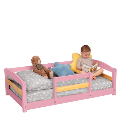 Crib Size Wooden Floor Bed Frame with Rails for Toddlers Age 1–3