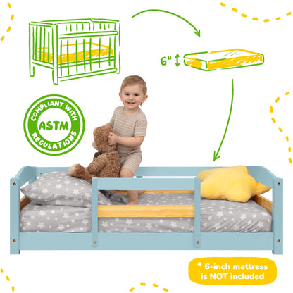 Crib Size Wooden Floor Bed Frame with Rails for Toddlers Age 1–3