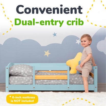 Crib Size Wooden Floor Bed Frame with Rails for Toddlers Age 1–3
