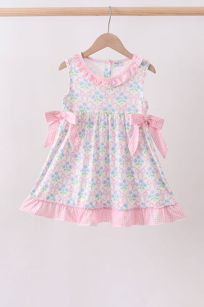 Pink hydrangea bow print ruffle dress