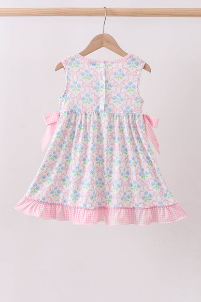 Pink hydrangea bow print ruffle dress