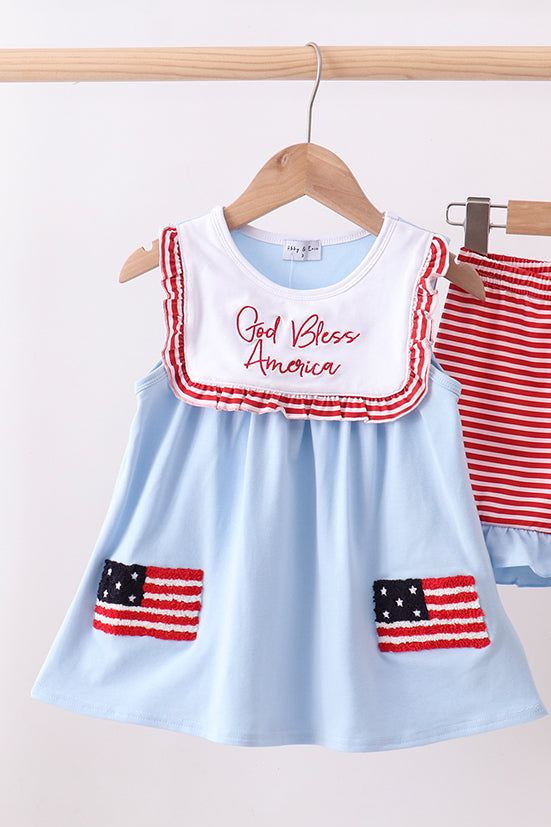 Blue god bless America flag french knot ruffle shorts set