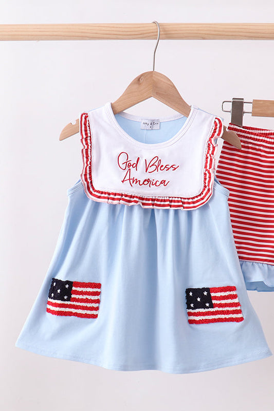 Blue god bless America flag french knot ruffle shorts set